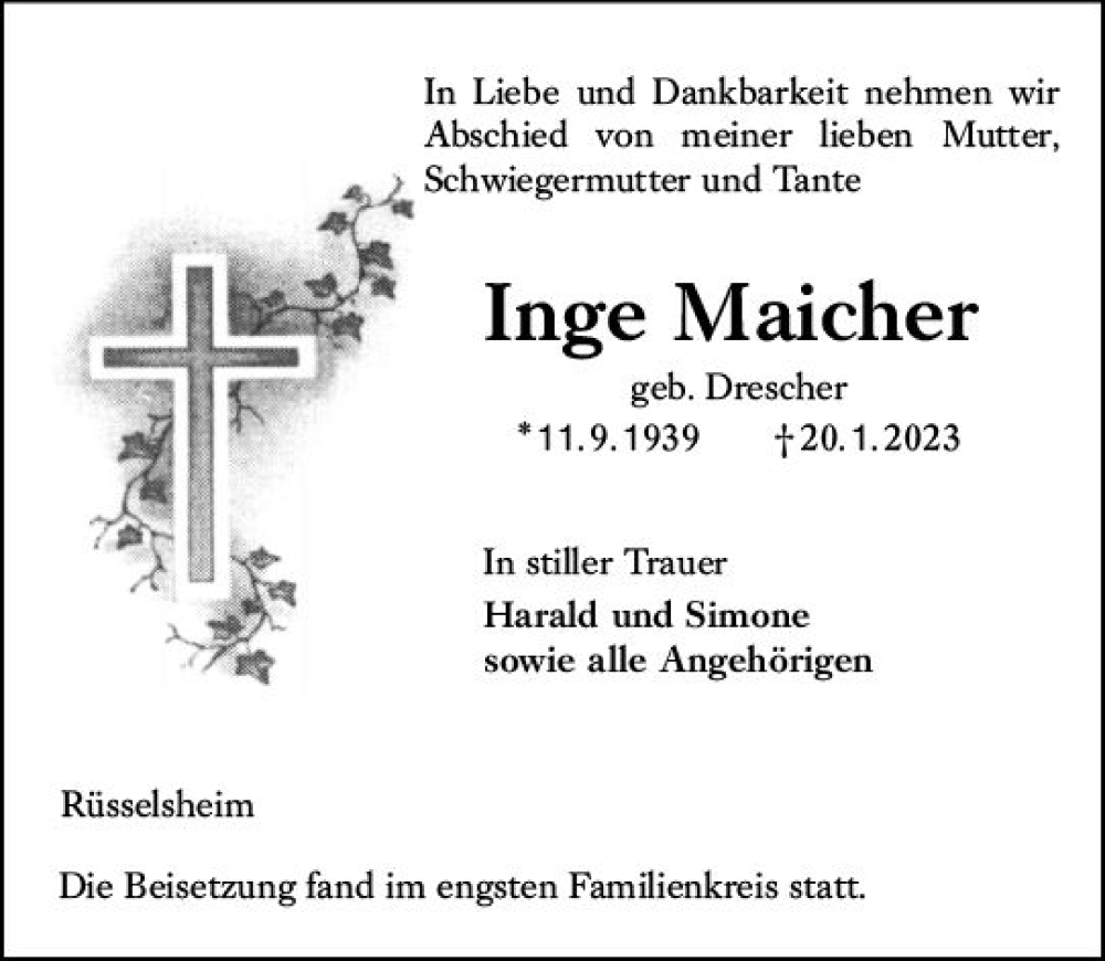  Traueranzeige für Inge Maicher vom 11.02.2023 aus Rüsselsheimer Echo
