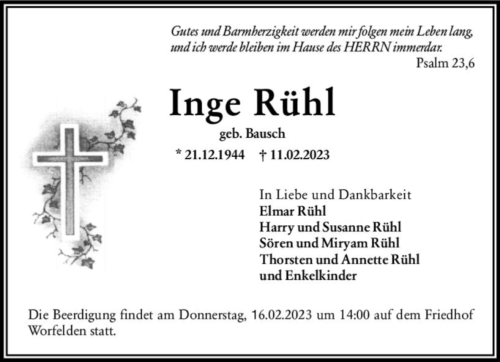  Traueranzeige für Inge Rühl vom 15.02.2023 aus Groß-Gerauer Echo
