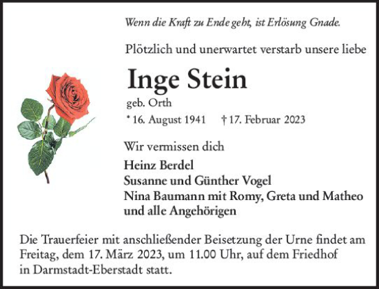 Traueranzeige von Inge Stein von Darmstädter Echo