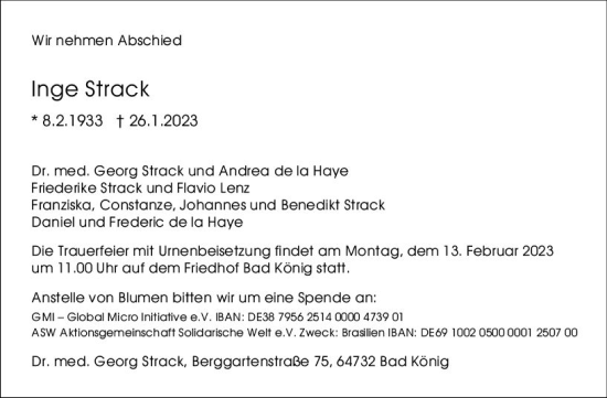 Traueranzeige von Inge Strack von Odenwälder Echo