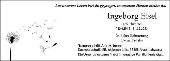 Traueranzeige von Ingeborg Eisel von Wiesbadener Kurier