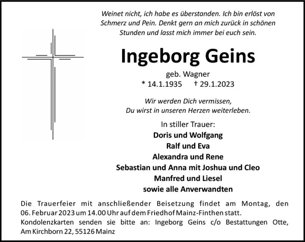  Traueranzeige für Ingeborg Geins vom 04.02.2023 aus Allgemeine Zeitung Mainz