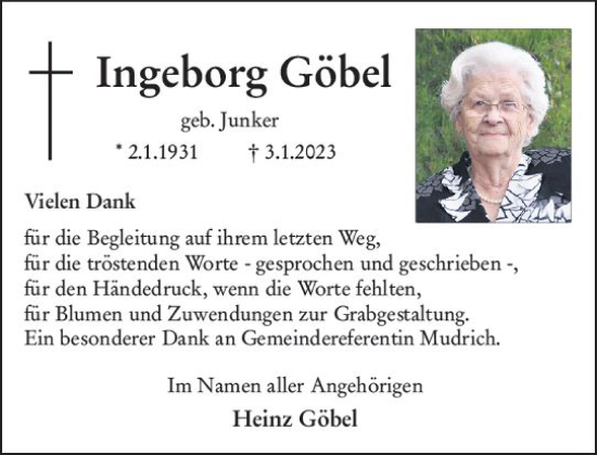 Traueranzeige von Ingeborg Göbel von Camberger Anzeiger