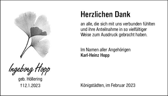 Traueranzeige von Ingeborg Hopp von Rüsselsheimer Echo