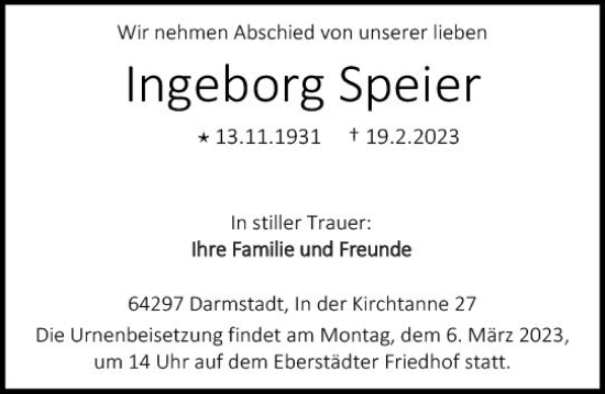Traueranzeige von Ingeborg Speier von Darmstädter Echo