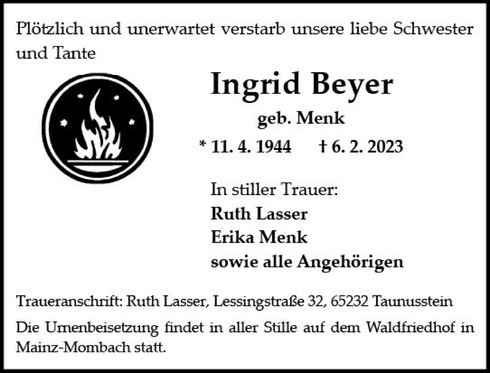  Traueranzeige für Ingrid Beyer vom 18.02.2023 aus Allgemeine Zeitung Mainz