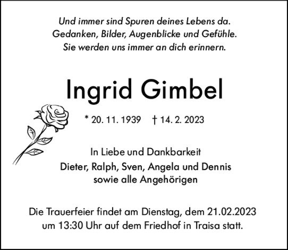  Traueranzeige für Ingrid Gimbel vom 18.02.2023 aus Darmstädter Echo
