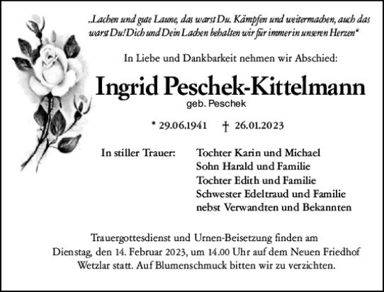 Traueranzeige von Ingrid Peschek-Kittelmann von VRM Trauer