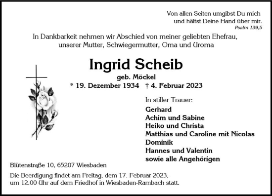 Traueranzeige von Ingrid Scheib von Wiesbadener Kurier gesamt