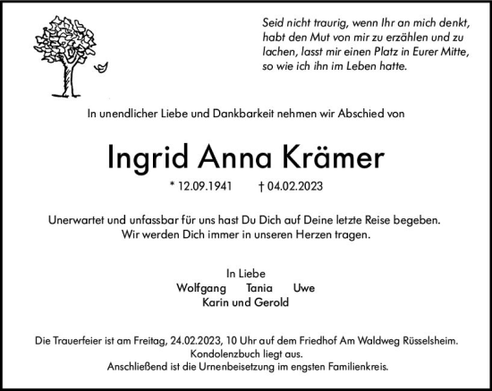 Traueranzeige von Ingrid Anna Krämer von Rüsselsheimer Echo
