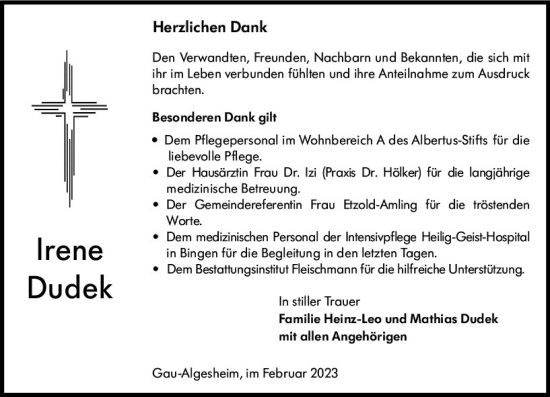 Traueranzeige von Irene Dudek von Allgemeine Zeitung Ingelheim-Bingen