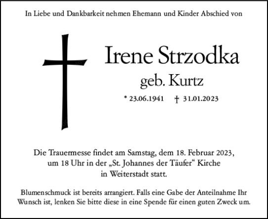 Traueranzeige von Irene Strzodka von Darmstädter Echo