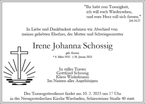 Traueranzeige von Irene Johanna Schossig von Wiesbadener Kurier gesamt