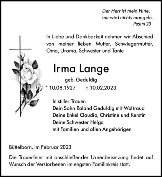 Traueranzeige von Irma Lange von Groß-Gerauer Echo