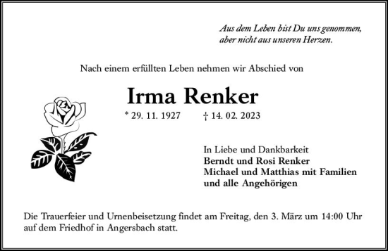 Traueranzeige von Irma Renker von VRM Trauer