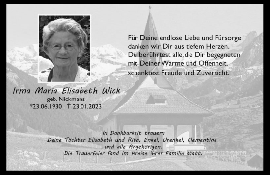 Traueranzeige von Irma Maria Elisabeth Wick von DieburgerAnzeiger/Groß-Zimmerner Lokalanzeiger