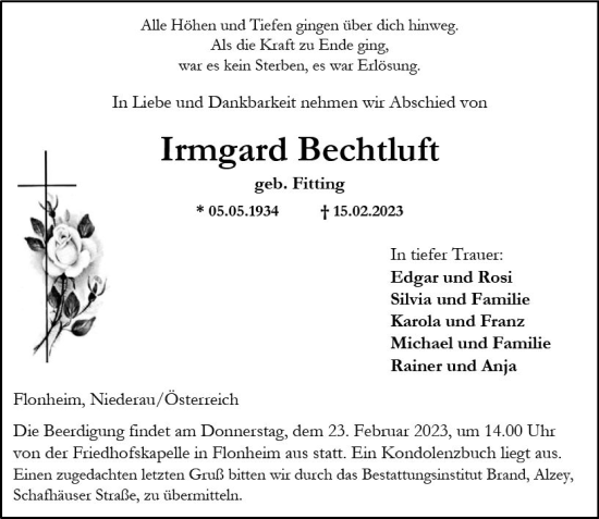 Traueranzeige von Irmgard Bechtluft von Allgemeine Zeitung Alzey