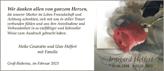 Traueranzeige von Irmgard Helfert von Darmstädter Echo