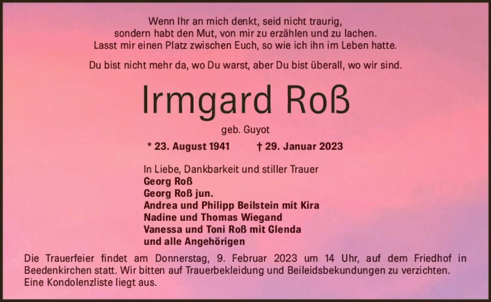  Traueranzeige für Irmgard Roß vom 04.02.2023 aus Darmstädter Echo