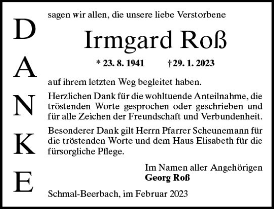 Traueranzeige von Irmgard Roß von Darmstädter Echo