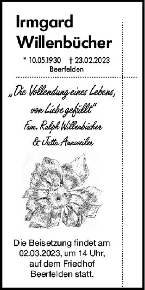 Traueranzeige von Irmgard Willenbücher von Odenwälder Echo