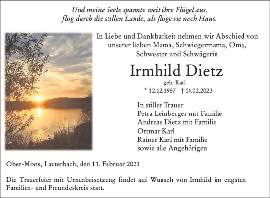 Traueranzeige von Irmhild Dietz von VRM Trauer