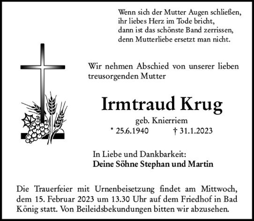  Traueranzeige für Irmtraud Krug vom 11.02.2023 aus Odenwälder Echo