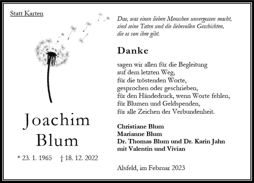  Traueranzeige für Joachim Blum vom 04.02.2023 aus OK Oberhessen Kurier