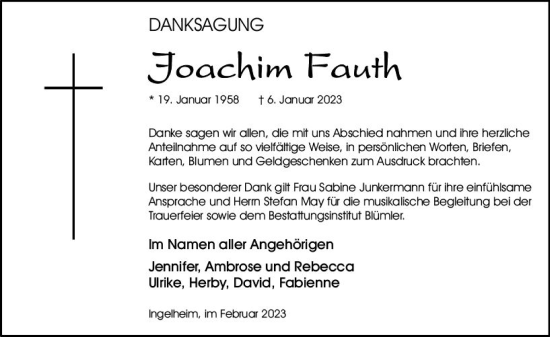 Traueranzeige von Joachim Fauth von Allgemeine Zeitung Bingen/Ingelheim
