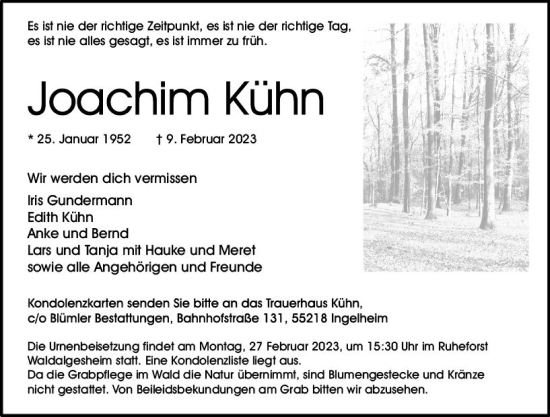 Traueranzeige von Joachim Kühn von Allgemeine Zeitung Bingen/Ingelheim