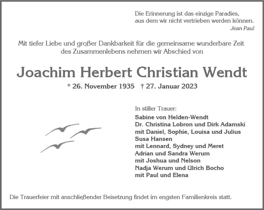 Traueranzeige für Joachim Herbert Christian Wendt vom 04.02.2023 aus Wiesbadener Kurier gesamt