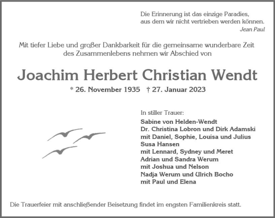 Traueranzeige von Joachim Herbert Christian Wendt von Wiesbadener Kurier gesamt