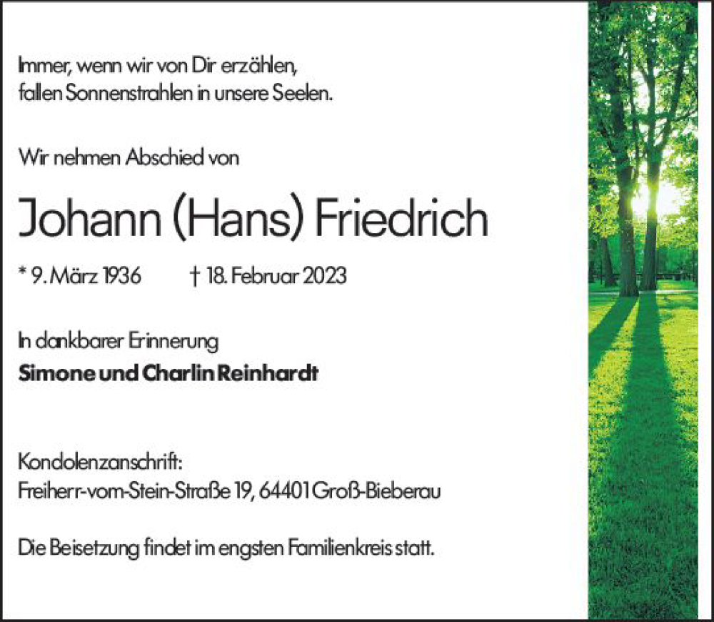  Traueranzeige für Johann Friedrich vom 28.02.2023 aus Dieburger Anzeiger/Groß-Zimmerner Lokal-Anzeiger