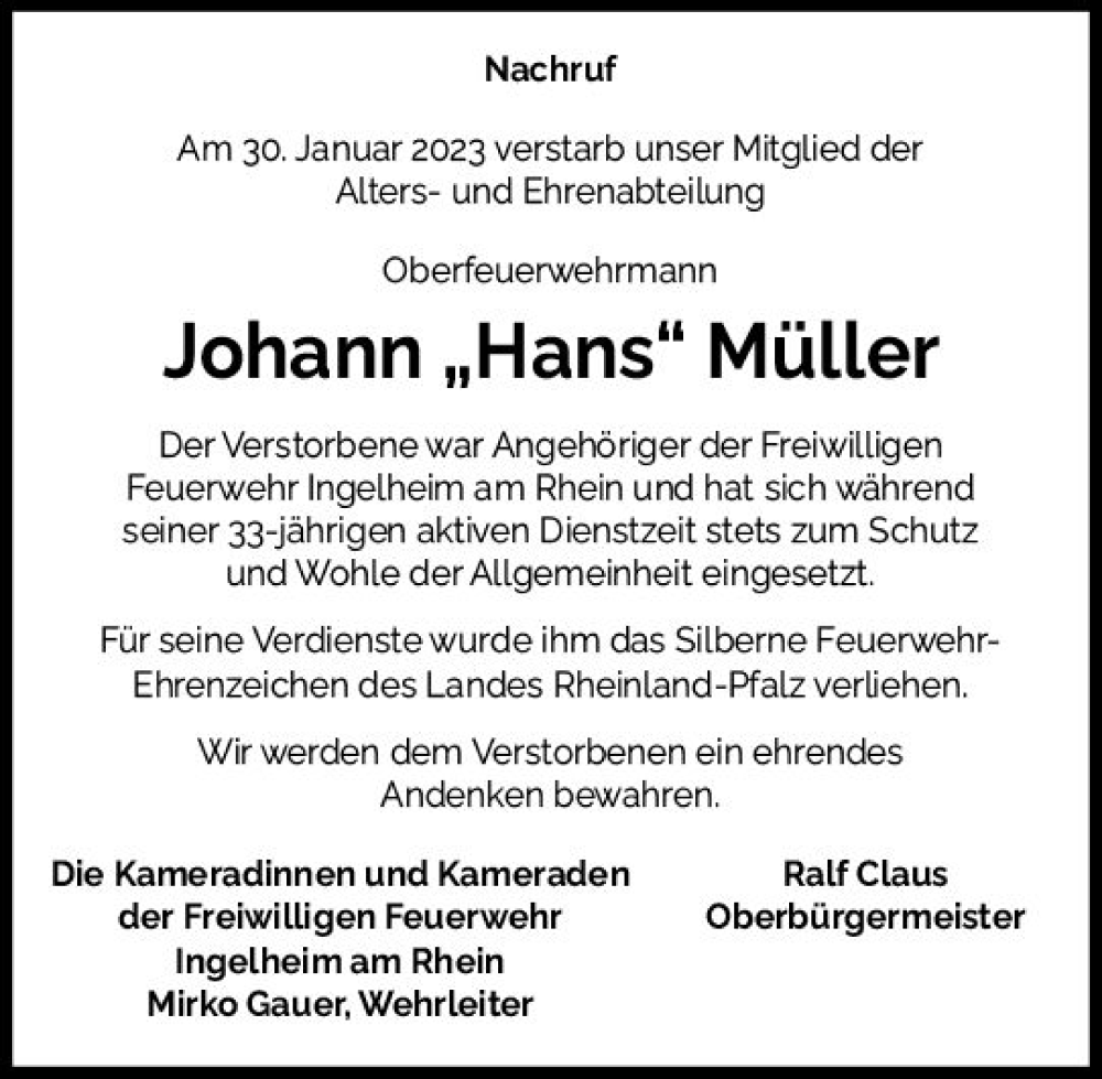  Traueranzeige für Johann Müller vom 10.02.2023 aus Allgemeine Zeitung Ingelheim-Bingen
