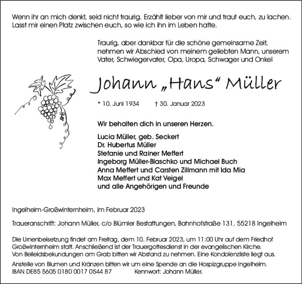  Traueranzeige für Johann Müller vom 04.02.2023 aus Allgemeine Zeitung Ingelheim-Bingen