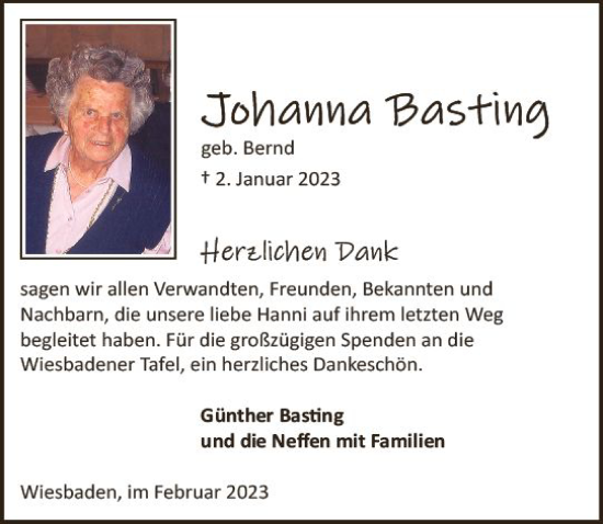 Traueranzeige von Johanna Basting von Wiesbadener Kurier gesamt