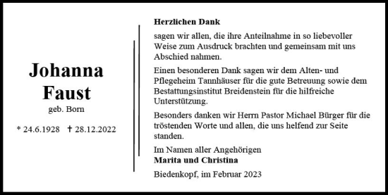Traueranzeige von Johanna Faust von Hinterländer Anzeiger