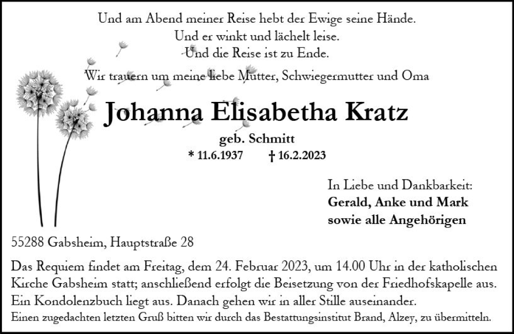  Traueranzeige für Johanna Elisabeth Kratz vom 18.02.2023 aus Allgemeine Zeitung Alzey