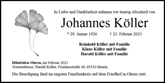 Traueranzeige von Johannes Köller von Nassauische Neue Presse