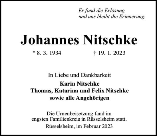 Traueranzeige von Johannes Nitschke von Rüsselsheimer Echo