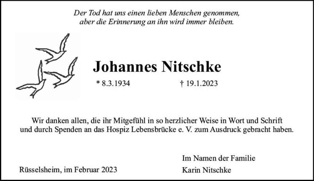  Traueranzeige für Johannes Nitschke vom 25.02.2023 aus Rüsselsheimer Echo