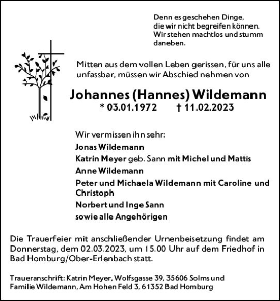 Traueranzeige von Johannes Wildemann von Wetzlarer Neue Zeitung