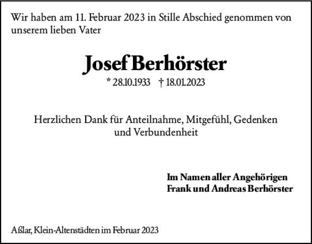  Traueranzeige für Josef Berhörster vom 25.02.2023 aus Wetzlarer Neue Zeitung