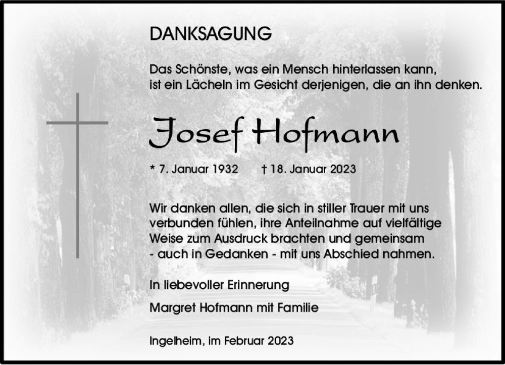  Traueranzeige für Josef Hofmann vom 25.02.2023 aus Allgemeine Zeitung Bingen/Ingelheim