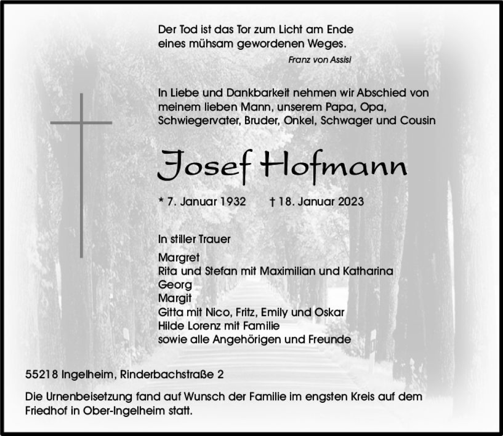  Traueranzeige für Josef Hofmann vom 04.02.2023 aus Allgemeine Zeitung Ingelheim-Bingen