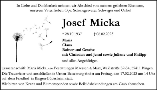 Traueranzeige von Josef Micka von Allgemeine Zeitung Ingelheim-Bingen