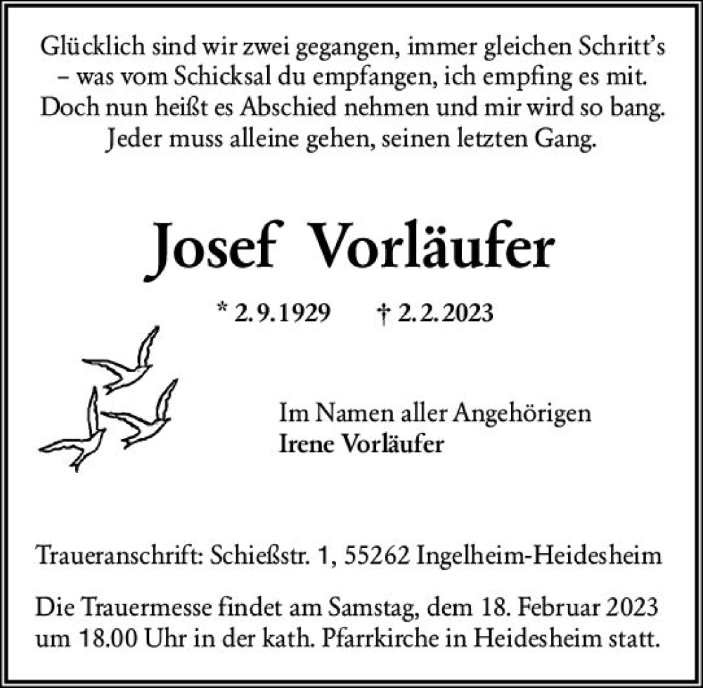  Traueranzeige für Josef Vorläufer vom 11.02.2023 aus Allgemeine Zeitung Mainz