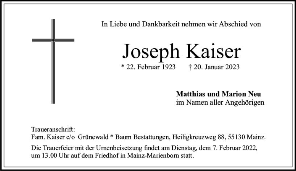  Traueranzeige für Joseph Kaiser vom 04.02.2023 aus Allgemeine Zeitung Mainz