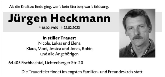 Traueranzeige von Jürgen Heckmann von Odenwälder Echo
