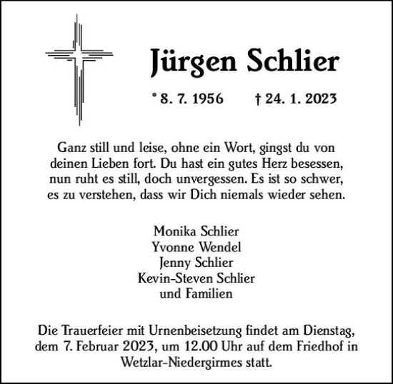 Traueranzeige von Jürgen Schlier von Wetzlarer Neue Zeitung